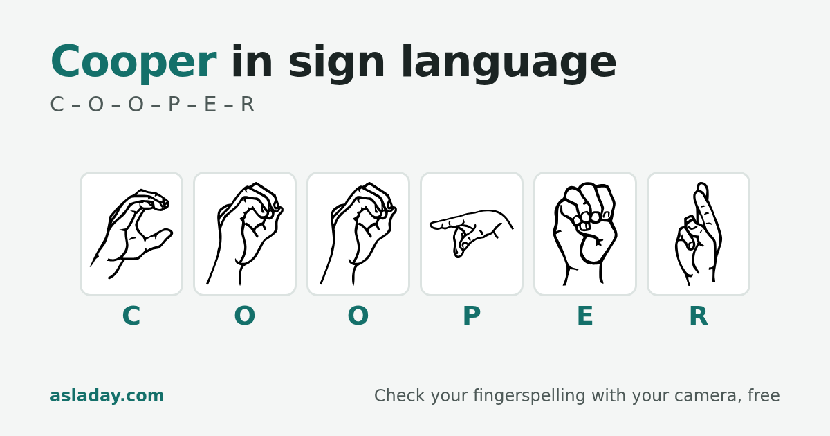 Cooper in sign language: C, O, O, P, E, R