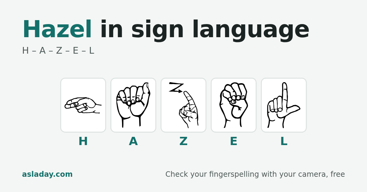 Hazel in sign language: H, A, Z, E, L