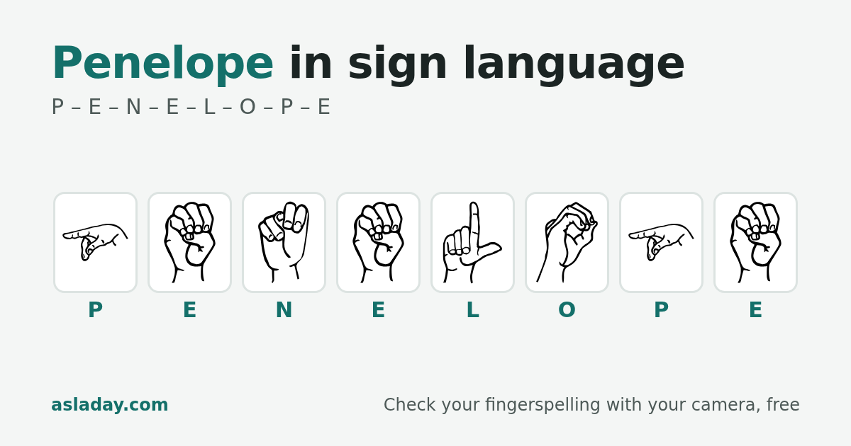 Penelope in sign language: P, E, N, E, L, O, P, E